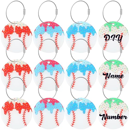 Fiwochic 12 Pcs Ice Cream Drip Baseball Luggage Tags Travel Suitcases Labels with Metal Ring Team Gifts for Dripping Party(Baseball Stitching)