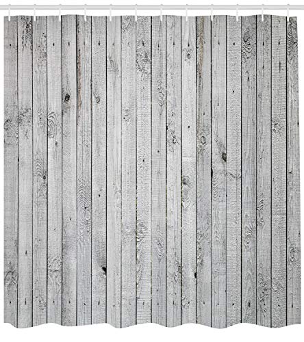 ABAKUHAUS Grey and White Shower Curtain, Vertical Lines Wooden Board Background Black and White Tone Vintage Planks Picture - Image 2