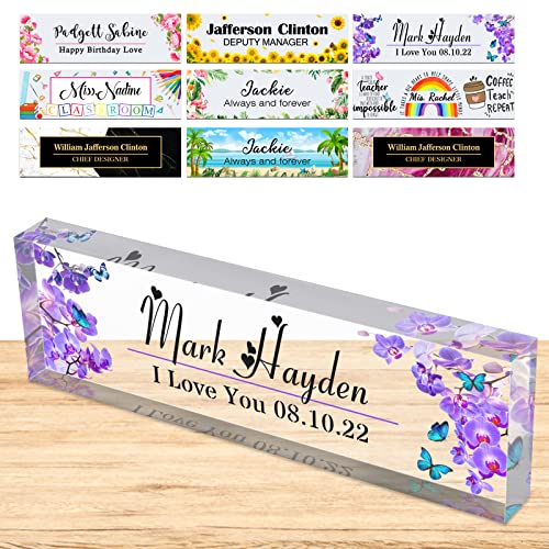 Custom Name Plate for Desk Name Plates Personalized Men Women Teather Sunflower with Business Logo Name Acrylic Purple
