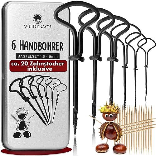 WEIDEBACH® 6-teiliges Kastanienbohrer Set, 1,5-6 mm Bohrer + 20 Zahnstocher zum Basteln in Alubox, Kastanien-Bastelset, Kastanienset, Kastanienmännchen Bastelset, Holzbohrer Handbohrer f. Kastanien WEIDEBACH® 6-teiliges Kastanienbohrer Set, 1,5-6 mm Bohrer + 20 Zahnstocher zum Basteln in Alubox, Kastanien-Bastelset, Kastanienset, Kastanienmännchen Bastelset, Holzbohrer Handbohrer f. Kastanien