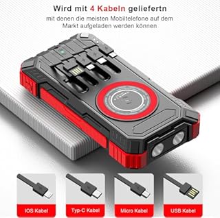 Power Bank Solar QI große Externer Akku Handyakkus 27000mAh 99W USB C/A Schnellladung mit 4 Kabeln 15W kabelloses Laden, Taschenlampe, LED-Anzeige, Ladegerät für iPhone/Android
