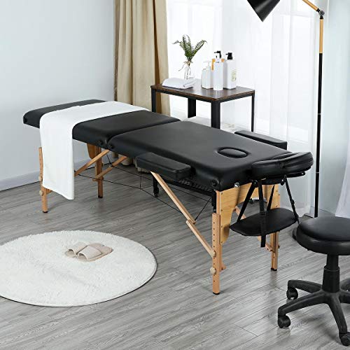 Yaheetech Massageliege Mobile Massagetisch mit Holzfüßen 2 Zonen Tragebares Massagebett inkl. Kopfstütze & Armlehnen Höhenverstellbar 60cm Breit bis 250 kg Belastbar, Schwarz