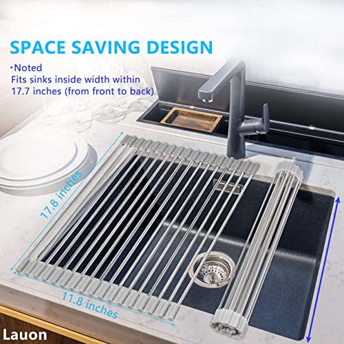 Lauon Roll Up Dish Drying Rack Over The Sink Multipurpose Dish Drainer Tray Mat，304 Stainless Steel Foldable Dish Rack (17.8''X11.8'') #TOP2