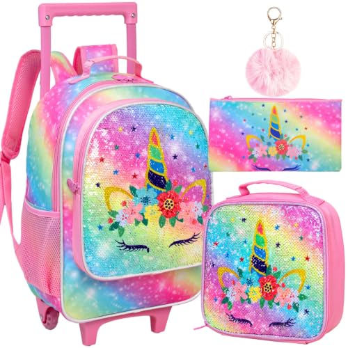 Image of Rolling Backpack for Girls and Boys,Kids Unicorn Dinosaur Bookbag with Roller Wheels, Suitcase School Bag Set, 18'' Jmd Rolling Pink, One Size