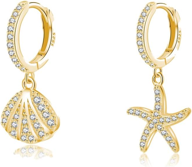 SLUYNZ 925 Sterling Silver CZ Seashell Hoop Earrings for Women Teens Starfish Huggie Earrings Dangle Beach Earrings