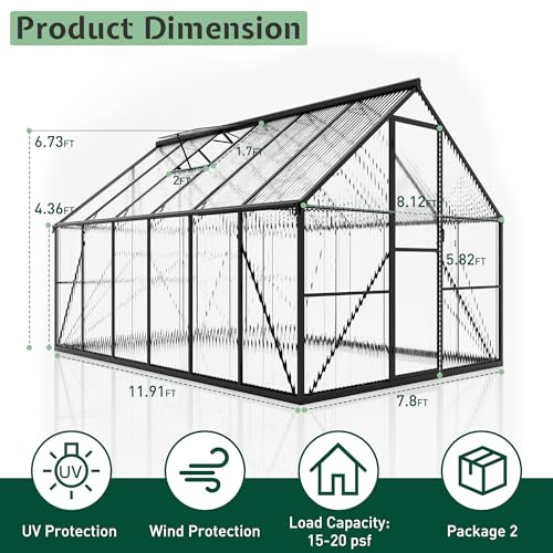 Jocisland 8x12Ft Polycarbonate Greenhouse, Heavy Duty Aluminum Frame with 2 Windows & Swing Doors, Outdoor Garden Greenhouses for Backyard, Black - Image 2