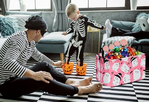 Image of Halloween Pink Ghost Storage Basket Gift Shelf Basket Storage Bin, Toys Nursery Basket Organizer Box for With Handles for Room Deco