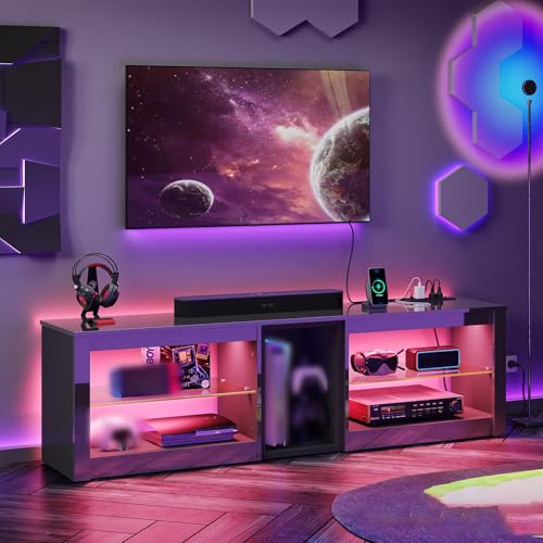 Bestier High Gloss TV Stand for 70 inch TV with Power Outlets, LED Entertainment Center for PS5, Gaming TV Consoles with Glass Shelves for Living Room, 63'' Inch, Glossy Black