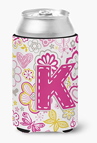 Caroline's Treasures CJ2005-KCC Letter K Flowers and Butterflies Pink Can or Bottle Hugger Cooler Washable Drink Sleeve Collapsible Beverage Insulated Holder, Can Hugger, Multicolor