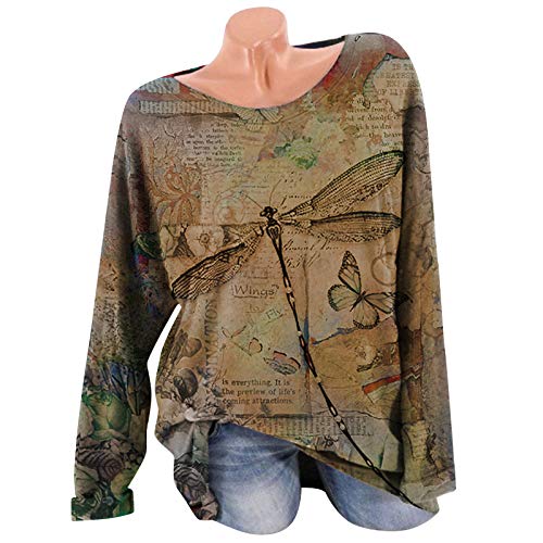 Camiseta feminina, solta gola redonda, manga comprida, estampa de borboleta dente-de-leão e estampa
