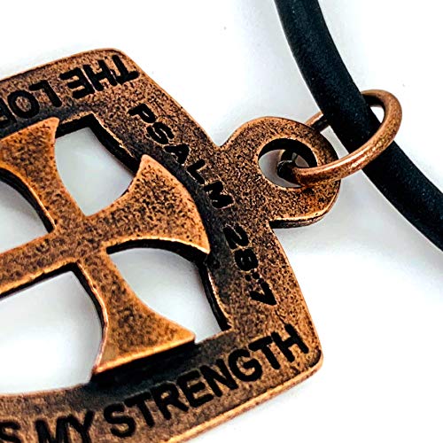 FORGIVEN JEWELRY Cross Shield Antique Copper Metal Finish Lord is My Strength and Salvation Necklace on Black Cord3