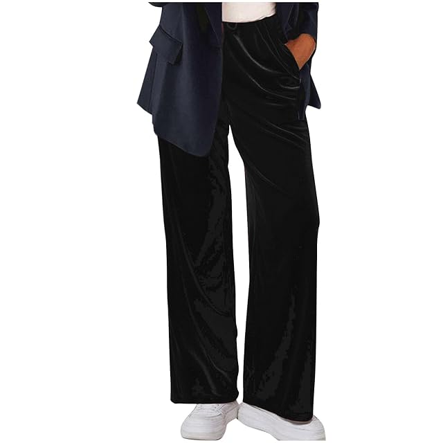 Womens Velvet Pants Holiday Elastic Drawstring Waist Velour Trousers Casual Elegant Wide Leg Palazzo Pants with Pocket