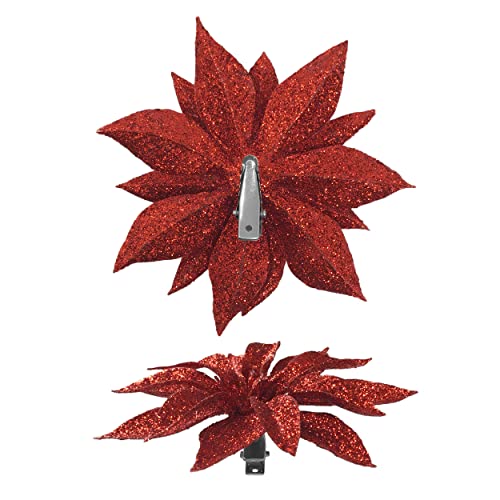 Banberry Designs Poinsettia Flowers - Set Of 48 – Red Glittered Poinsettia Clip On Ornaments - Christmas Decorations - Decorative Floral Accessories Each Is 4" #TOP3
