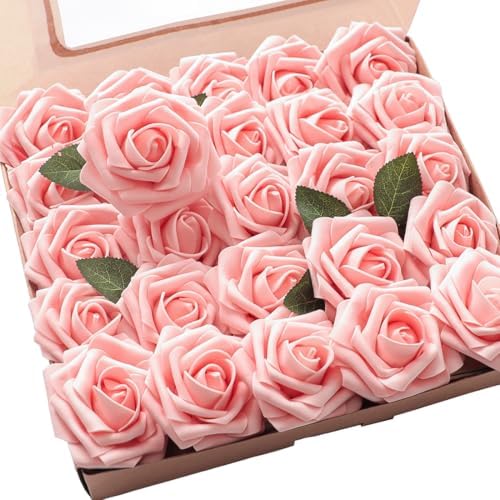 Floroom Artificial Flowers 50pcs Real Looking Peach Pink Foam Fake Roses with Stems for DIY Wedding Bouquets Bridal Shower Ce