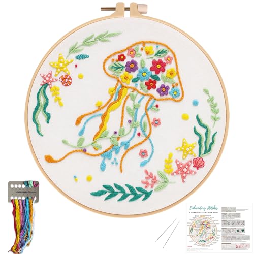 Image of Louise Maelys Jellyfish Embroidery Kit for Beginners Adults | Animal Embroidery Starter Kit With Stamped Fabric, Hoop, Threads, Needles And Instructions DIY Craft,Cross Stitch Kit