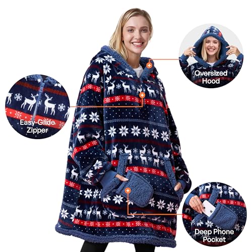 Image of Giggling Getup Wearable Blanket Hoodie for Adults Gifts for Teen Girls Sister Women Sherpa Fleece Printed Hooded Blanket Sweatshirt Warm Cozy with Pocket & Sleeves Blue Christmas Nordic