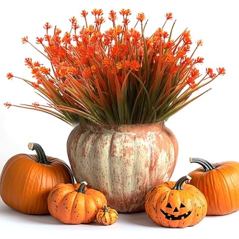 YIBUKIY Artificial Plants Grasses for Outdoors, Fake Fall Flowers Mums for Home Indoor Garden Decor Window Box Porch Patio Hanging Planter Pathway Front Porch Thanksgiving Xmax Decor (12, Orange) Cover