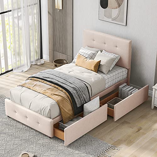 Oyemige Polsterbett 90 x 200 cm mit Lattenrost, Rückenlehne und Zwei Schubladen, hautfreundlicher Samtstoff Bett Einzelbett Kinderbett, Jugendbett Gästebett (Ohne Matratze) (Dunkelbeige)