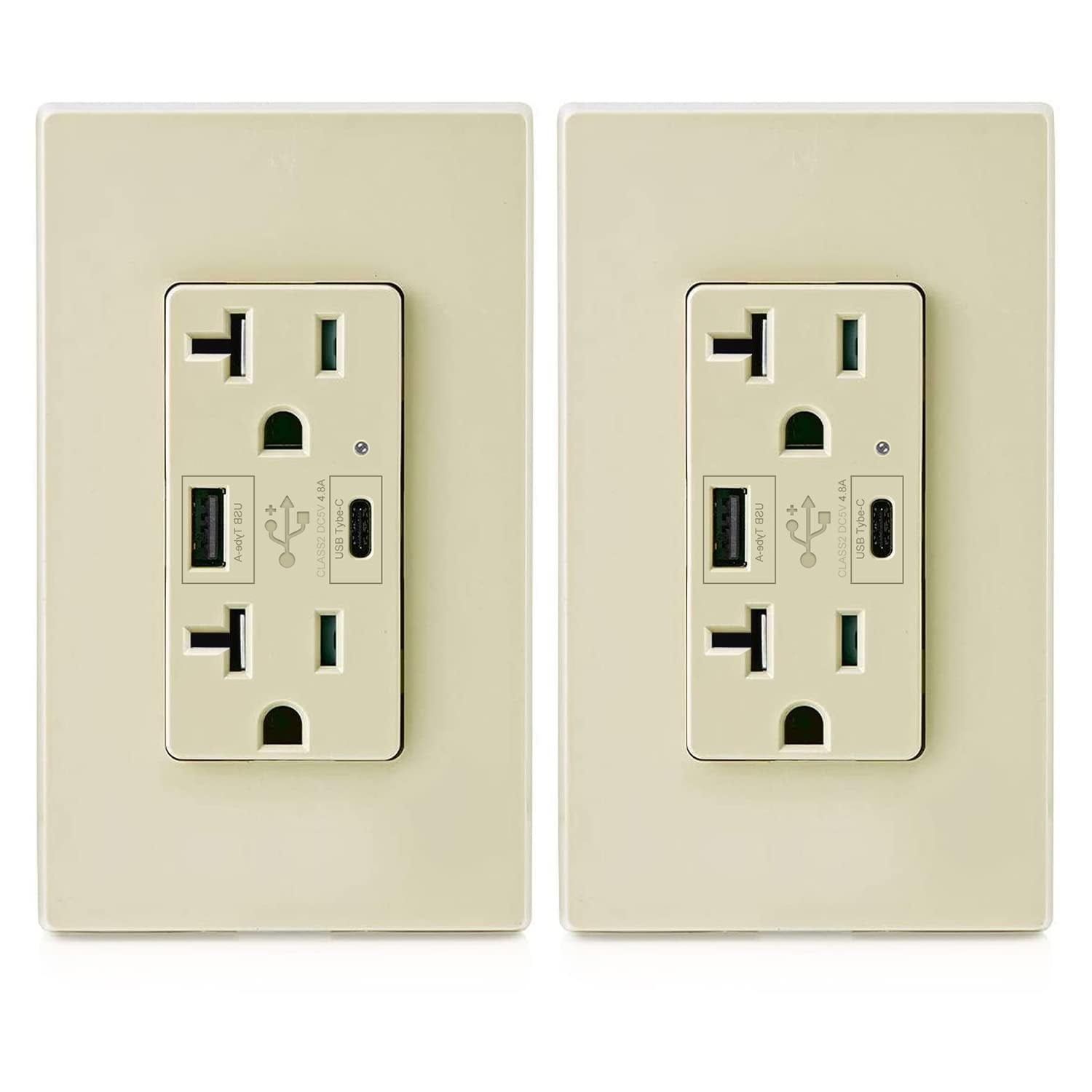 USB Type C Wall Outlet Dual High Speed Receptacle 20 Amp, Smart 4.8A Fast Charging Capability, Tamper Resistant Wall Plate Included UL Listed, Not for laptops, (Ivory, 2 Pack)