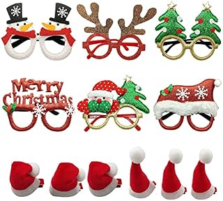 Yaclonq 12 Pcs Christmas Glitter Party Glasses, Novelty Xmas Fancy Dress Party Glasses Decoration Frames,Selfie Prop Fancy Dress Spectacles,With Christmas hat hairpin for Kids and Adults