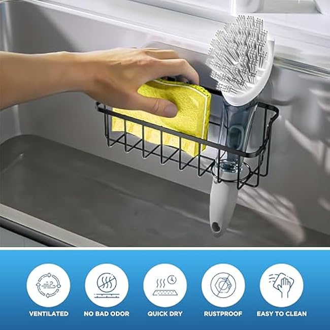 Sponge Holder for Kitchen Sink: 2-in-1 Kitchen Organizer for a Sponge & Dish Brush- 304 Stainless Steel Sink Caddy with Suction Cups & Adhesive Hook - Matte Black