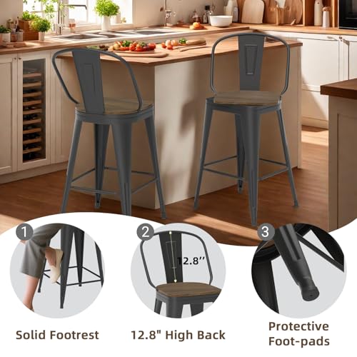 Butacos giratorios de bar de 24 pulgadas, juego de 4 unidades, con estructura metálica resistente y respaldo alto para cocina, cafés y restaurantes, color negro miniatura 3