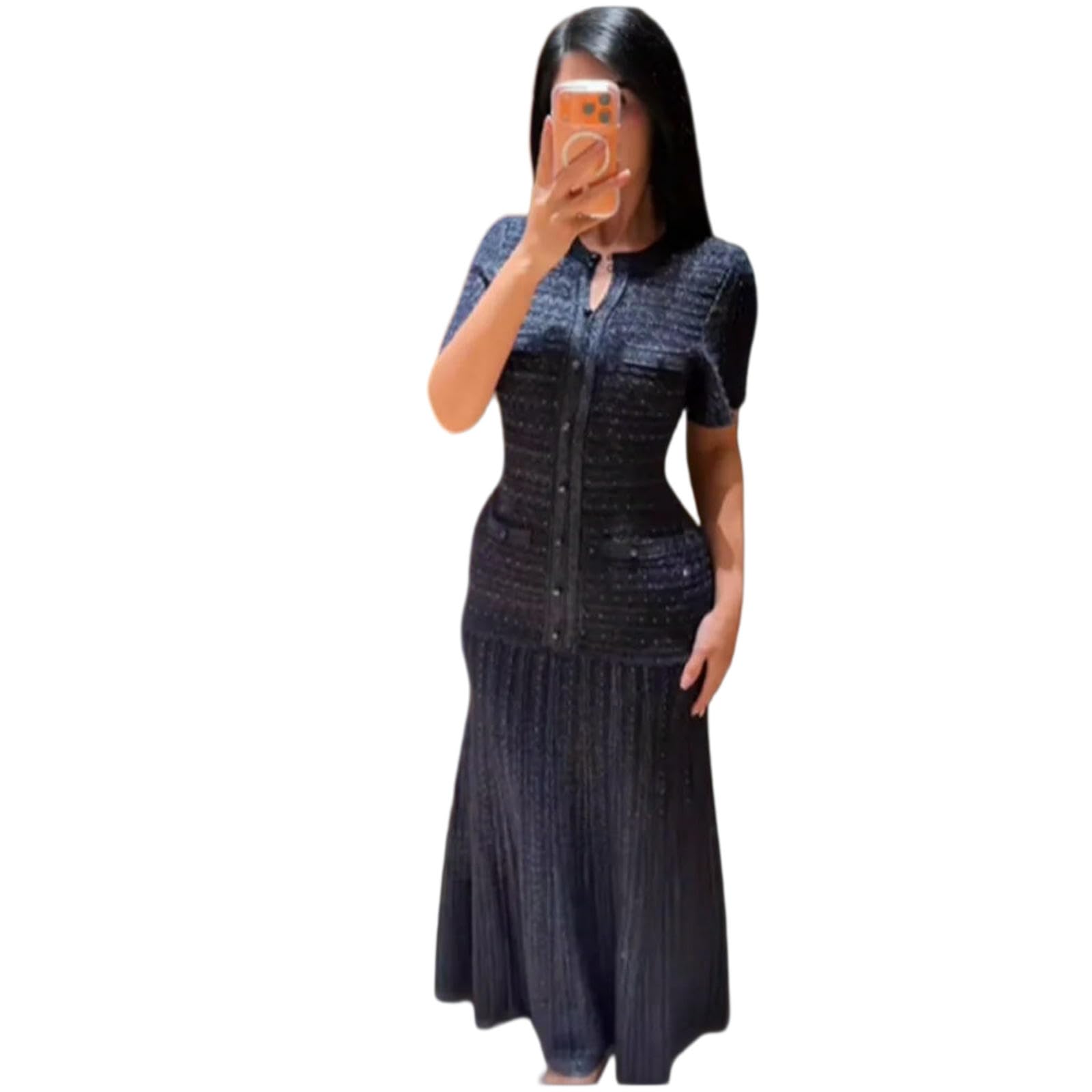 Vestito Abito Maxi con Paillettes da Donna 2026, Longuette Lavorato A Maglia Maniche Corte Scollo Rotondo in Vita Stretto Festa Monopetto Scavato-Blu Marino-s