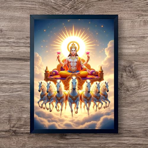 Image of ARTFUL TOY BOX - Surya Dev with Seven (7) Horses Photo Frame Wall Hanging | Divine Solar Chariot Design | Spiritual Surya Dev Painting | Glossy Finish | Premium Black Fiber Frame | Devotional Home Decor - 12x18 Inch (30x45 cm) (Design 2)