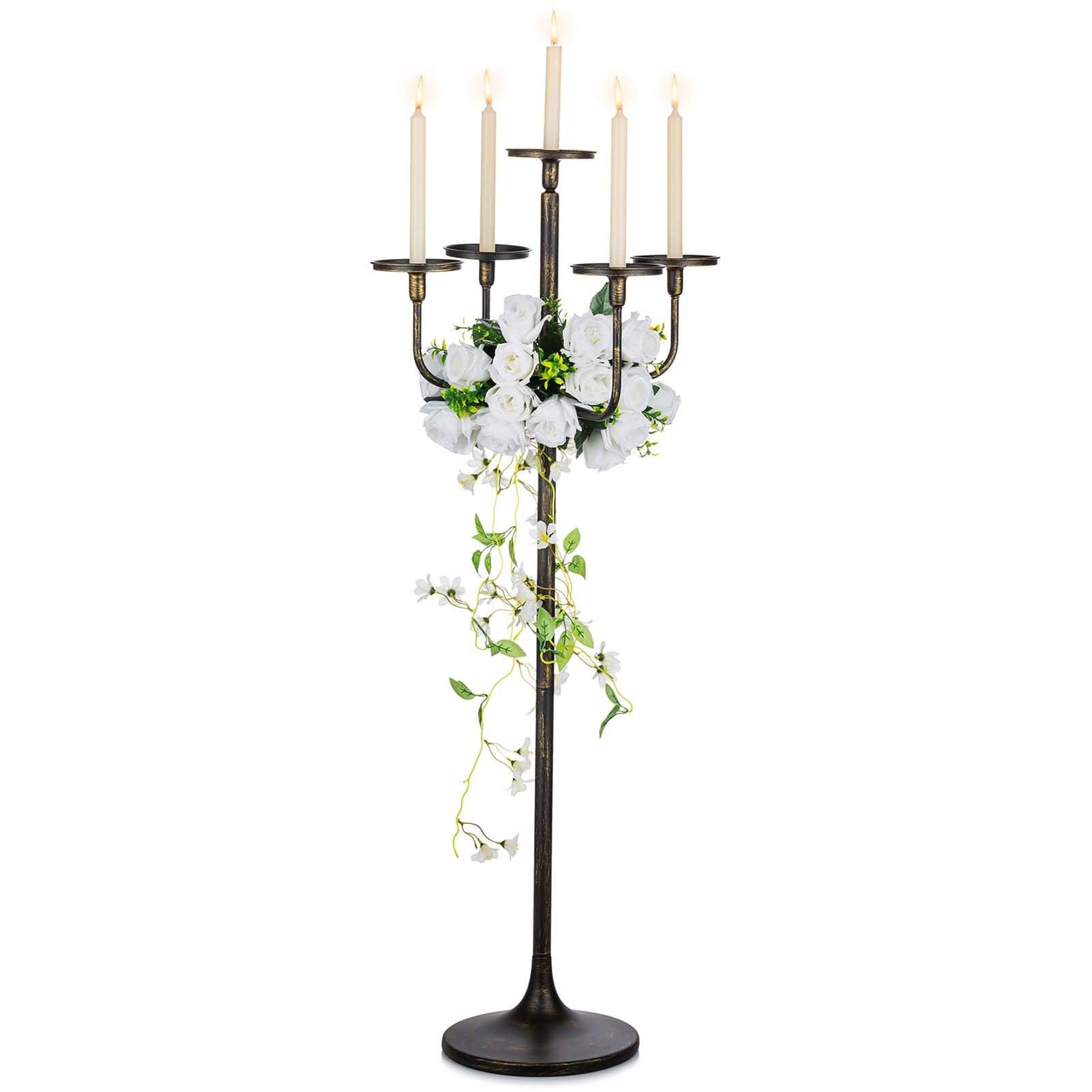 48inch Tall Candlestick Holders Floor Candelabra Black 5 Arms Candle Holders For Pillar Candles Flower Centerpiece Gothic Candles Holder For Funeral Ceremony Halloween Decor(1pcs)