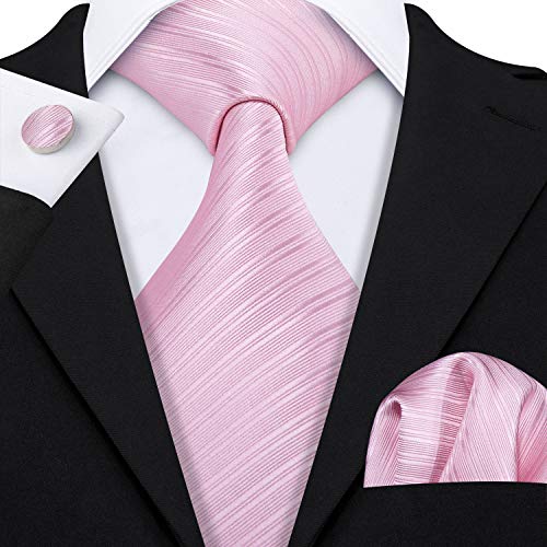 Image of Barry.Wang Solid Striped Tie for Men Silk Necktie Pocket Square Cufflinks Formal Wedding Party Business