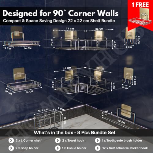 Image of 8 Pcs Bathroom Organiser Without Drill | Self Adhesive Wall Shelf Organizer & Soap Stand for Kitchen Bathroom | Toothbrush & Shampoo Holder L Corner Shelf (Silver)