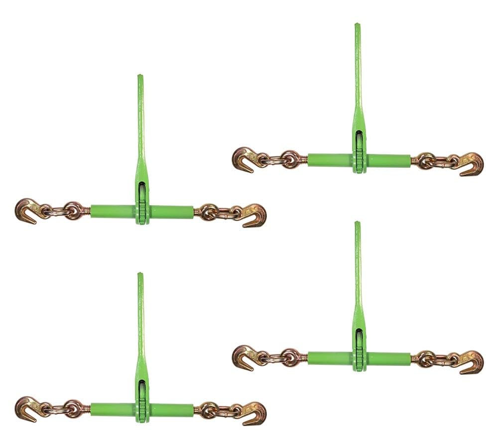 Mytee Products 4 Pack 5/16"- 3/8" Heavy Duty Hi-Viz Green Ratchet Chain Binder w/ 5/16" Grab Hook &amp; 1/2" Slip Hook, 5,400 Lbs WLL - Tie Down Hauling Load Binders for Flatbed Trailers
