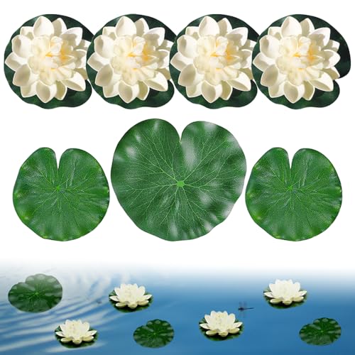TRKETK Lot de 7 fleurs de lotus artificielles flottantes pour décoration d'étang, feuillage et fleur en mousse pour étang, terrasse, jardin, piscine,...