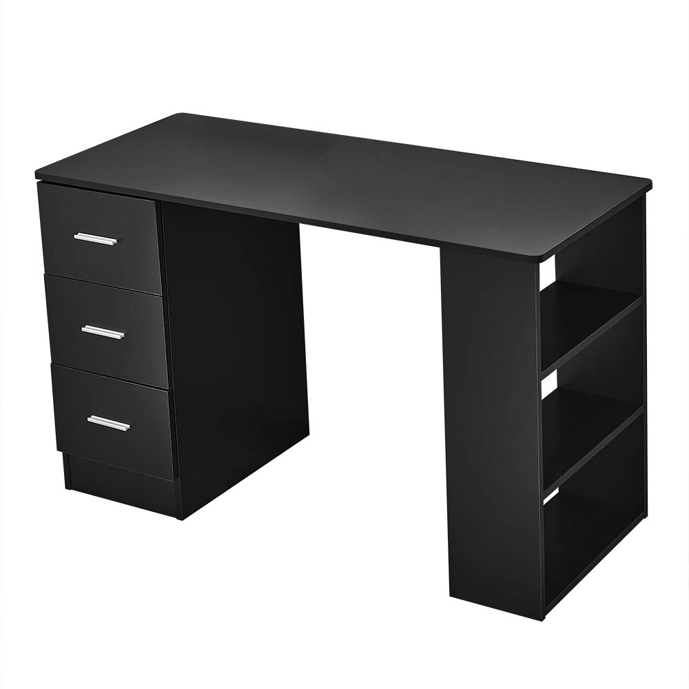 Panana Computer Desk, Wood Office Desk Computer Workstation Simple Study Desk Laptop Writing Table with Three Shelves Drawers for Office Home Adult Kids Black