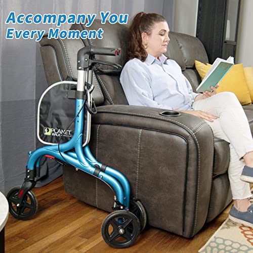 Image of PLANETWALK Premium 3 Wheel Rollator Walker for Seniors - Ultra Lightweight Foldable Aluminum Mobility Aid with Height Adjustable Handle and 7.5 Inch Wheels, Brilliant Blue