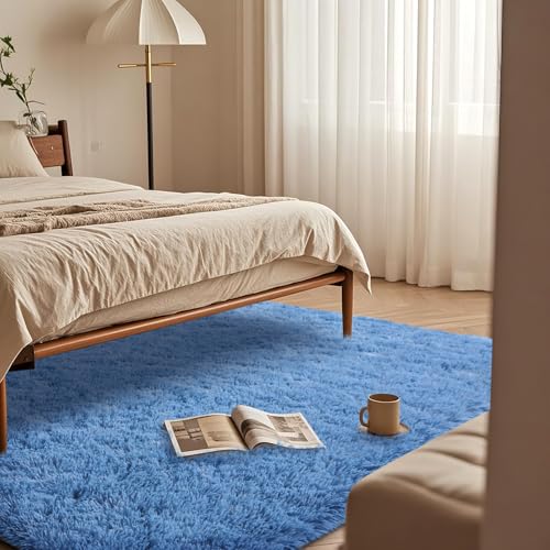 Large Blue Fluffy Rugs for Living Room 8x10 ft - Ultra Soft Faux Fur Area Rug - Plush Non-Slip Shaggy Carpet for Bedroom, Kids Boys Girls Dorm Nursery Room