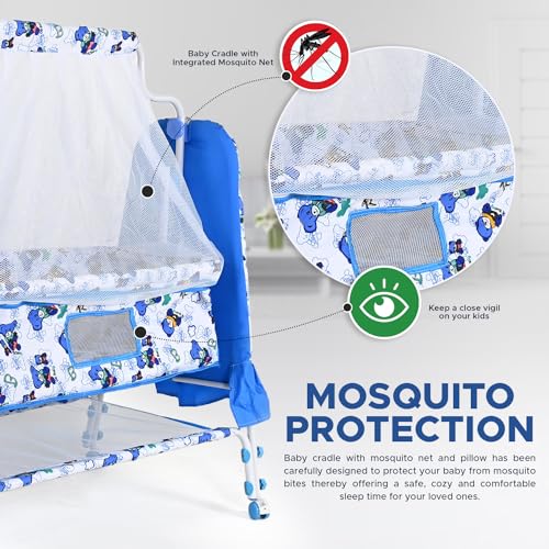Image of BUBBLEBABY Baby Cradle | Jhula | Baggi | Palna | Ghodiyu | Ventilated | with Swing & Mosquito Net | 0-12 Months | Four Wheels with Brake | Storage | Polypropylene | Safe & Sturdy | Foldable | Blue