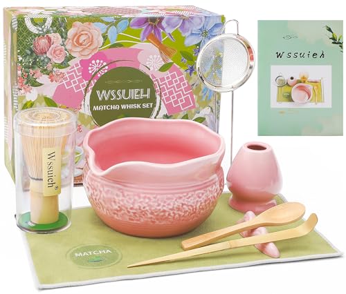 Matcha Whisk Set, Pink Matcha Set, 8 Pcs Complete Ceramic Matcha Making Kit with Bowl, Bamboo Whisk & Holder, Stainless Sifter, Tea Towel, Scoop & Scoop Rest, Perfect for Beginners & Lovers
