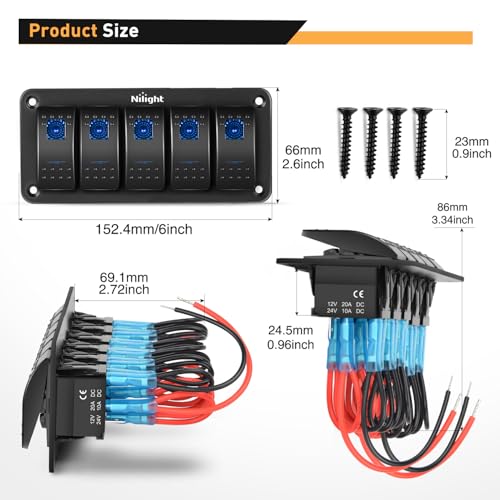 Image of Nilight - 90110E 5 Gang Aluminum Rocker Switch Panel Toggle Dash 5 Pin ON /Off Pre-Wired Rocker Switch Blue Backlit Switch for Automotive Car Marine Boat RV,2 Years Warranty