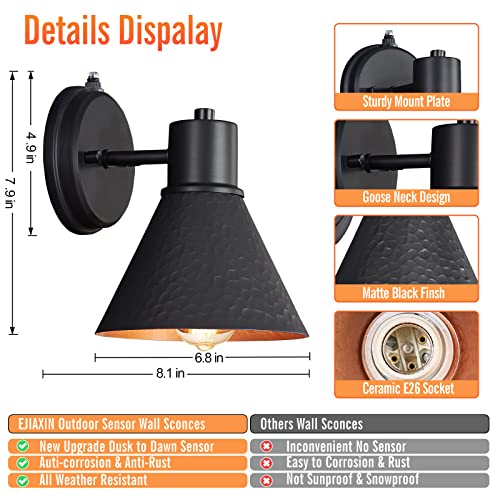 Dusk To Dawn Outdoor Wall Sconces, Exterior Farmhouse Barn Light, Vintage Black Outside Wall Lighting Fixture With Hammered Shade, Anti-Rust Waterproof Outdoor Light For House Porch Garage, 2-Pack #TOP4
