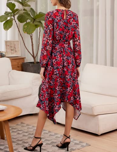 Kate Kasin Women Long Sleeve Bloomchic Dress Midi Floral Fall Flowy Asymmetrical Handkerchief Dress Red 2Xl #TOP3