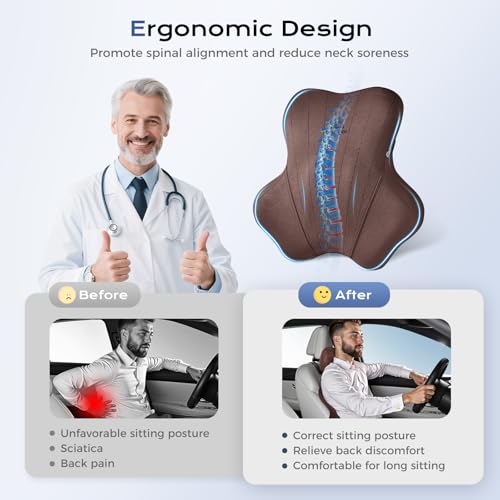 Image of Coverado Car Lumbar Support Pillow and Car Neck Pillow Kit, Ergonomic Design Car Headrest Pillow for Driving, Relax Back Head Muscles Relieve Driving Fatigue, Breathable & Removable Cover