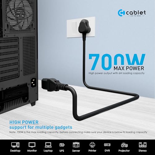 Image of Cablet Power D15 Desktop Power Cable, 3 Pin Type-D Male to C13 Female Connector Cable with 1.5 Meter Length and 7mm OD, 700 Watts Maximum Loading Capacity