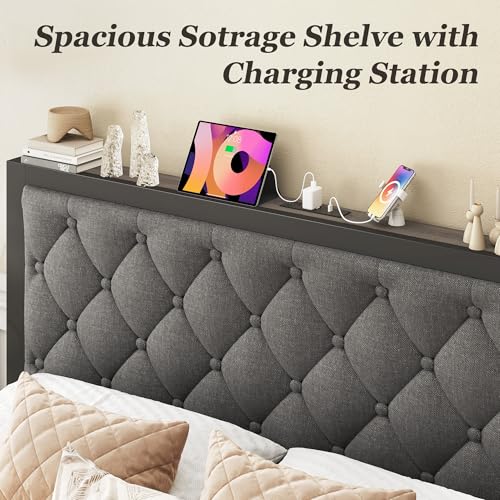 Image of Fluest Queen Bed Frame with 2 Storage Drawers, Upholstered Headboard Button Tufted Bed Frame with Charging Station, No Box Spring Needed, Noise-Free, All Metal Structure, Grey