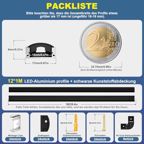 Molfanco LED Aluminium Profil 12 x 1m LED Aluminium Profil mit Schwarzen Abdeckung, Endkappen, und Montageklammer für LED-Streifen (U-profil-schwarz-12m) LED-Streifen Nicht Im Lieferumfang Enthalten