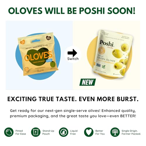 Image of Poshi Green Pitted Olives | Lemon & Rosemary | Vegan, Kosher, Gluten Free + Keto Friendly, Fresh, All Natural Low Calorie Healthy Snacks | (30 Pack, 1.1oz Bags)