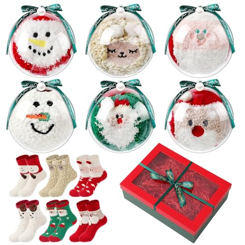 Image of Foaincore 6 Pairs Christmas Fuzzy Socks for Women with Transparent Ball and Gift Box - Cute Warm Winter Socks - Fluffy Cozy Sphere Slipper - One Size Fits Most