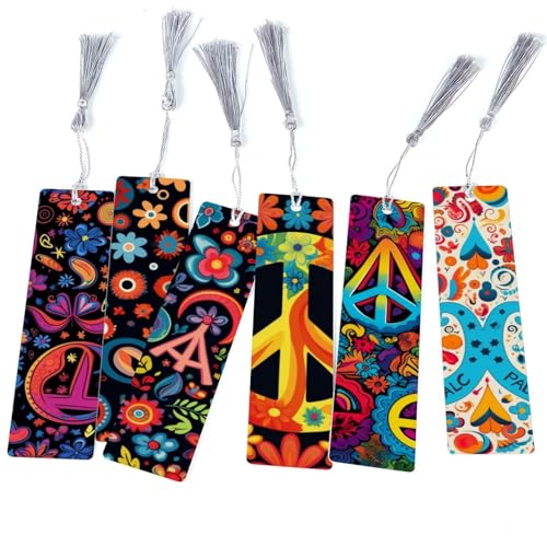 Marque-pages signe de paix avec pompons lot de 6 pour livres et lecture tendance