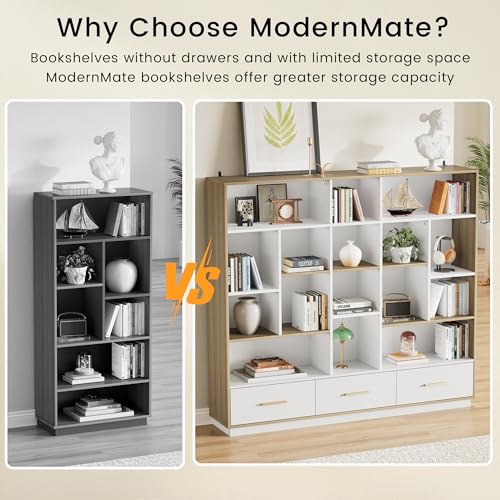 Image of ModernMate 60 inch Wide Bookshelf with 3 Drawers & 16 Open Display Storage