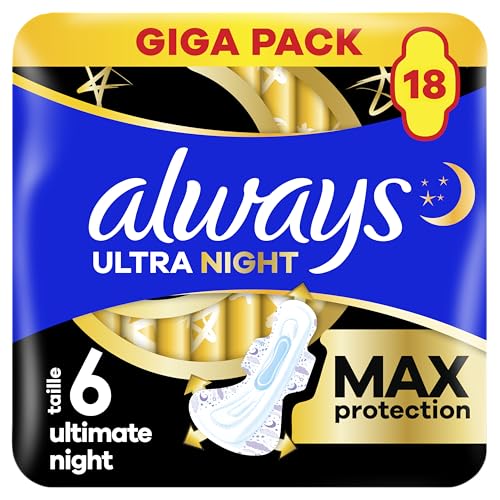 Always Compresas sanitarias Ultimate Night (tamaño 6) con alas 18 unidades, súper absorbentes, para el período